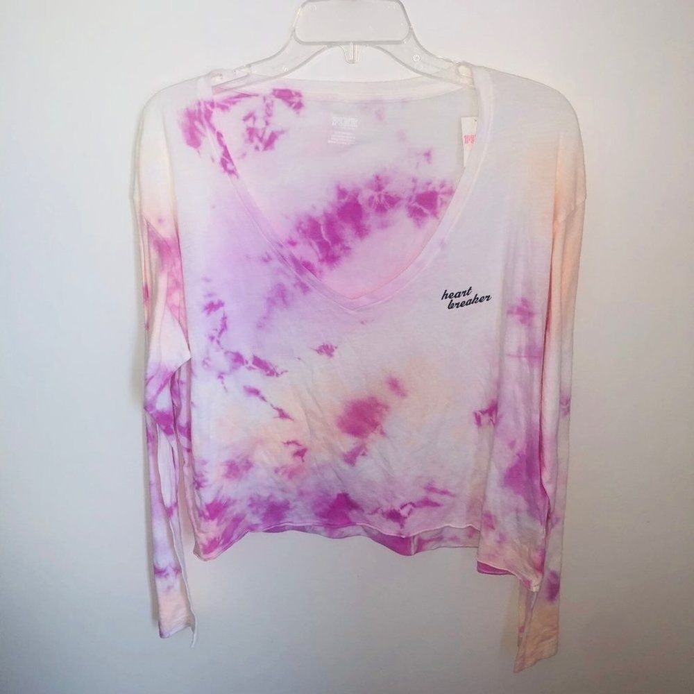 Victoria's Secret PINK Heart‎ Breaker Tie Dye V-Neck Cropped Long Sleeve Shirt L